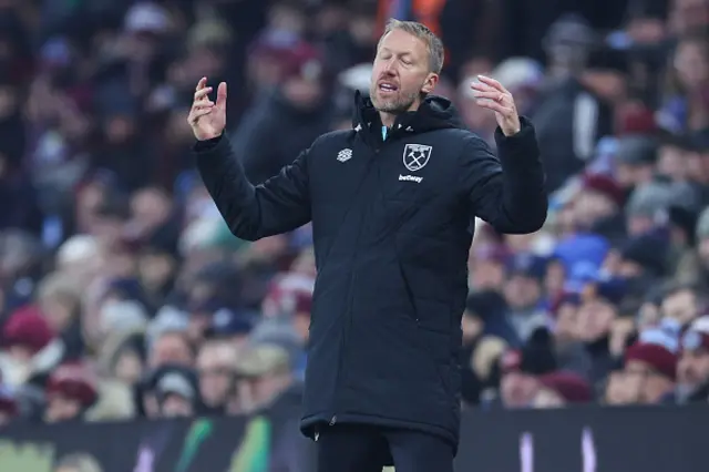 Graham Potter, head coach of West Ham United, looks dejected