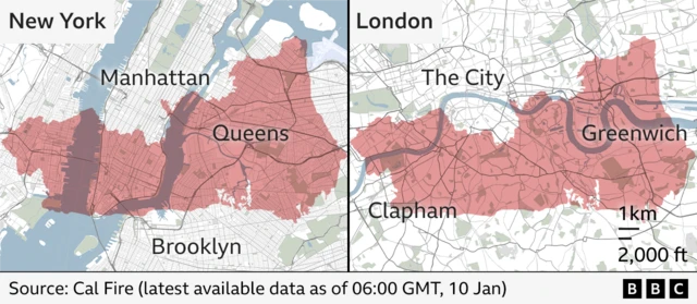 Composite of two maps, one of New York and one of London, with the area of the Palisades fire placed over the maps to show the scale of the fire