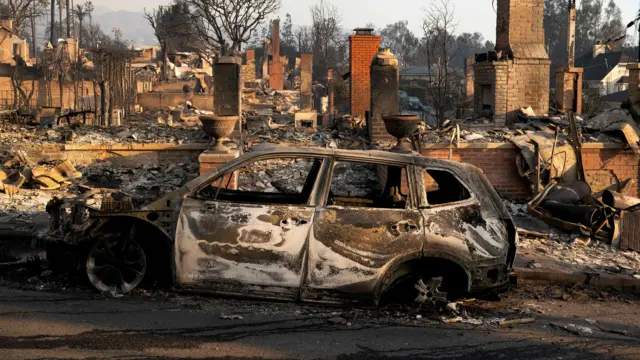 The remains of a car following the Palisades Fire in the Pacific Palisades neighborhood in Los Angeles, California, U.S. January 10, 2025