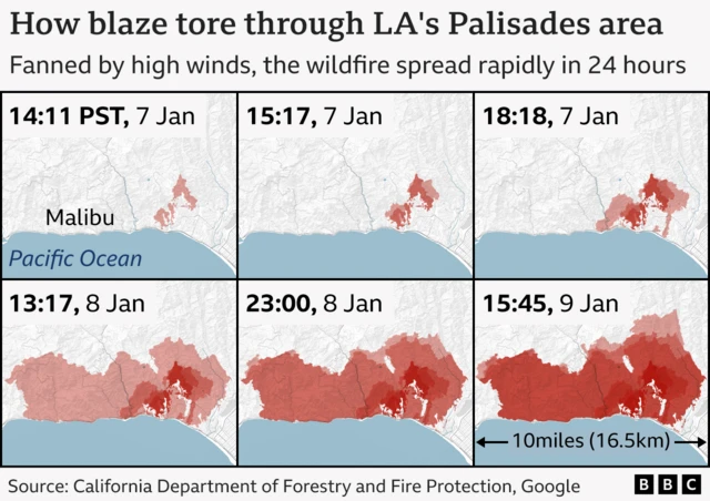 A BBC chart shows the timestamps and landmass highlighted in red for how quickly the Palisades Fire spread