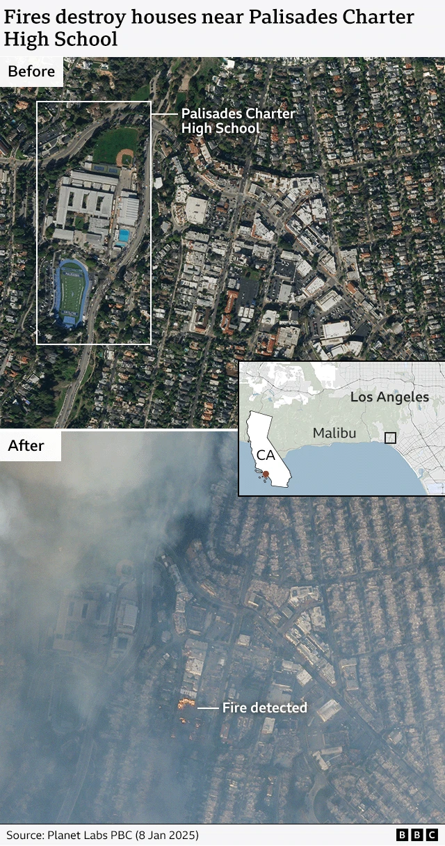 Before and after the fire aerial shots of the residential area in the Palisades near Palisades Charter High School.