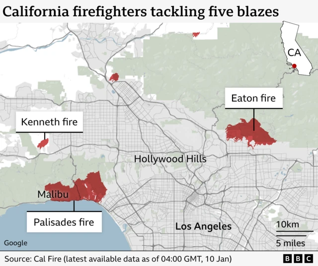 Graphic shows areas where the five remaining fires are still burning