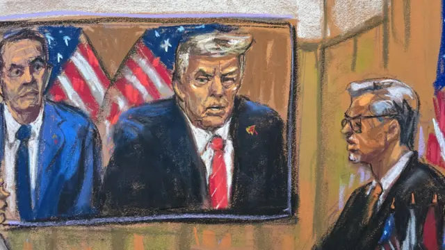 A court sketch of Donald Trump and Justice Juan Merchan