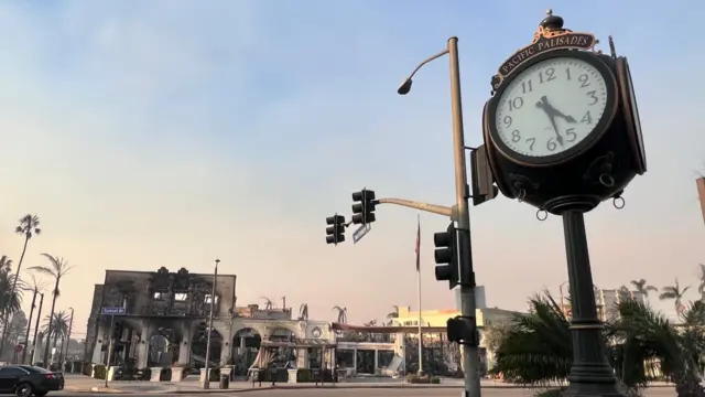 Burnt-out buildings on Sunset Boulevard