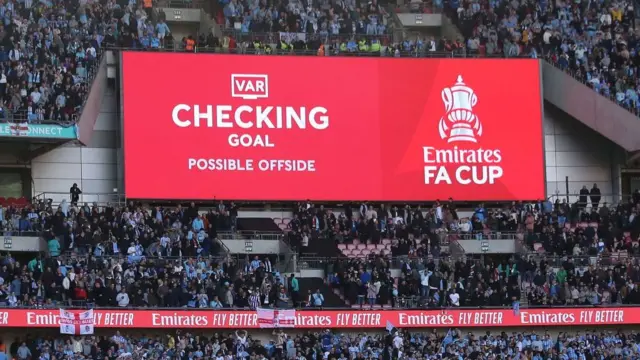 VAR disallows Victor Torp of Coventry City goal for offside displayed on the big screen during the Emirates FA Cup Semi Final match against Manchester United at Wembley Stadium