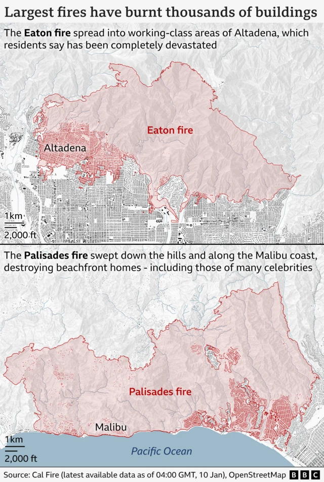 Composite image showing Eaton fire and Palisades fire. Titled Largest fires have burnt thousands of buildings. Area of blazes shaded in red. Text for Eaton fire map: The Eaton fire spread into working-class areas of Altadena which residents say has been completely devastated. Text for Palisades map: The Palisades fire swept down the hills and along the Malibu coast, destroying beachfront homes including those of many celebrities. Source of data is Cal Fire as of 04:00 GMT