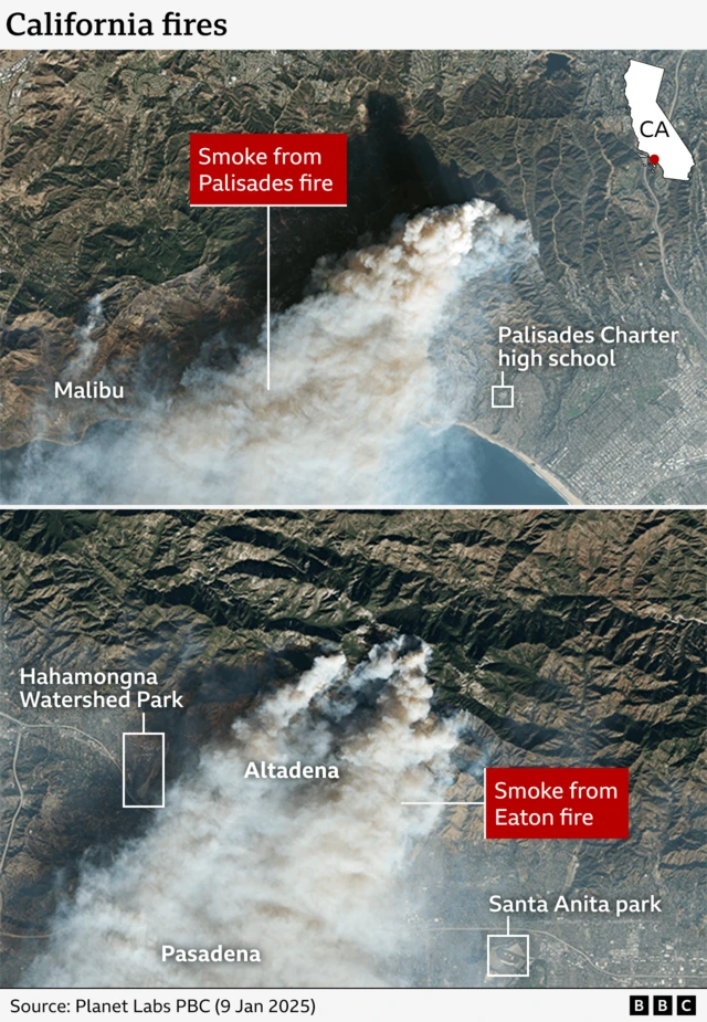 Satellite images show smoke clouds billowing off the Palisades fire, near Malibu, and the Eaton fire, near Altadena