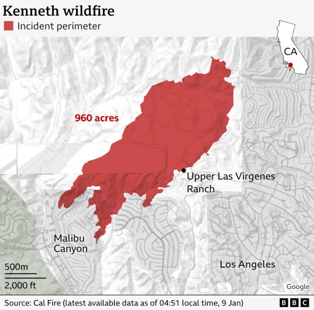 A map shows the scale and location of the Kenneth fire on the border of Los Angeles and Ventura counties