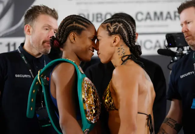 Caroline Dubois goes nose to nose with Jessica Camara at a weigh-in