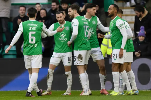 Hibernian’s Martin Boyle (2nd from L) celebrates after scoring to make it 1-0during a William Hill Premiership match between Hibernian and Motherwell at the Easter RoadHibernian’s Martin Boyle (2nd from L) celebrates after scoring to make it 1-0during a William Hill Premiership match between Hibernian and Motherwell at the Easter Road