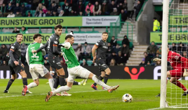 Hibernian’s Martin Boyle scores to make it 1-0 during a William Hill Premiership match between Hibernian and Motherwell at the Easter Road Stadium