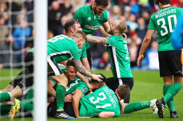 Lincoln celebrate scoring at Burnley in 2017