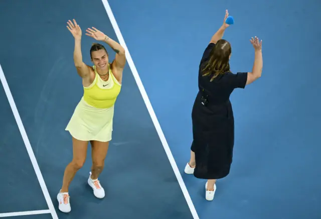 Sabalenka dancing on court