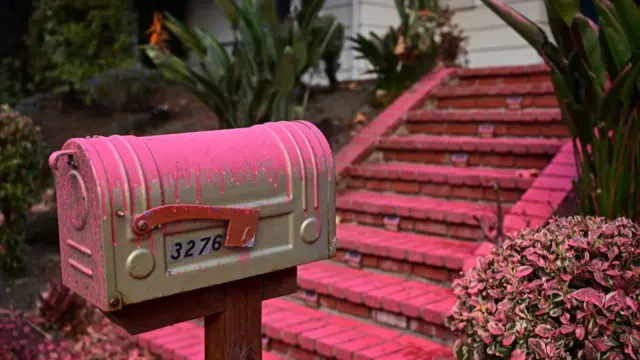 flame retardant is seen on the mailbox of a home in the Mandeville Canyon neighborhood of Los Angeles, California,