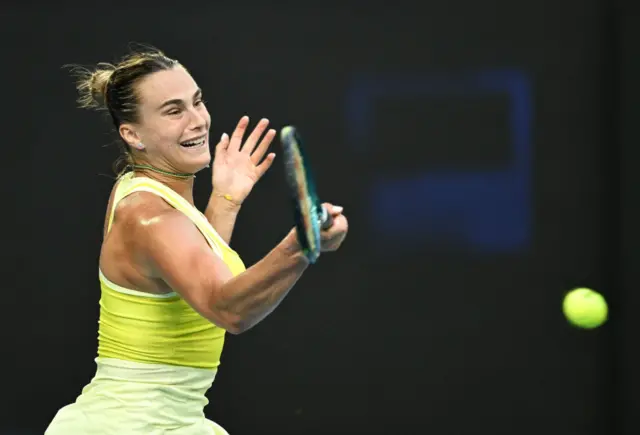 Aryna Sabalenka plays a forehand