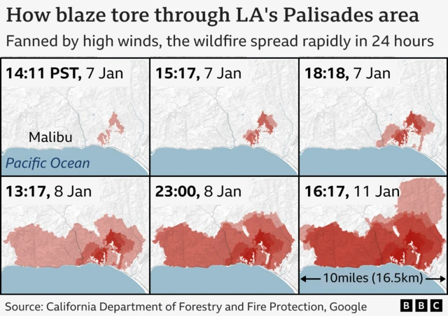 A graphic with six different pictures. Each is a zoomed out, basic map of California, and it shows the last six days and how the fire grew in size