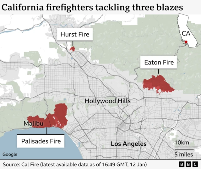 Map showing the location of the three blazes around Los Angeles with the title: "California firefighters tackling three blazes". The Palisades fire, Hurst fire and Easton fire are labelled on the map.