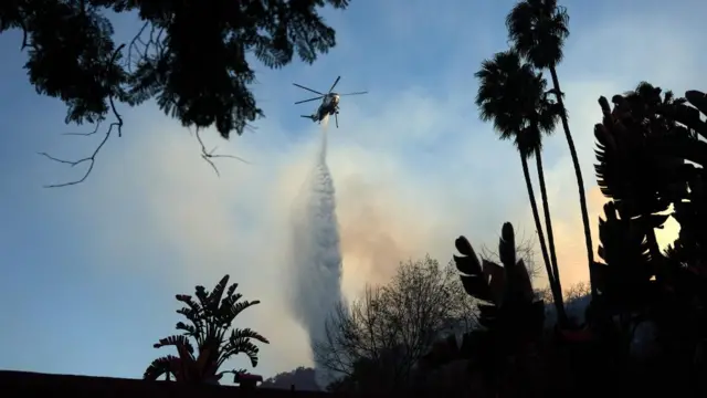 Helicopter flies above area with palm trees with large amount of water being dropped onto the ground