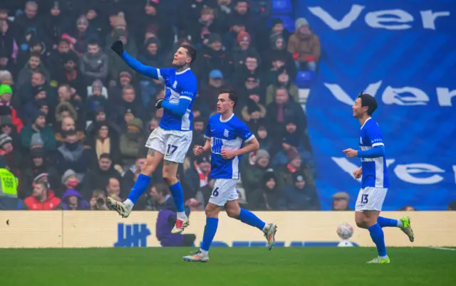 Birmingham players celebrate after scoring against Lincoln