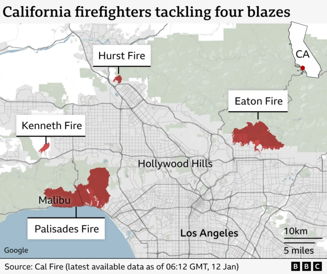 A map which shows Los Angeles, Palisades fire on the left, Kenneth fire above this, Eaton fire to the right and north, and Hurst fire in the far north of the region