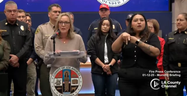 Kathryn Barger, chair of the LA County Board of Supervisors speaking at press conference