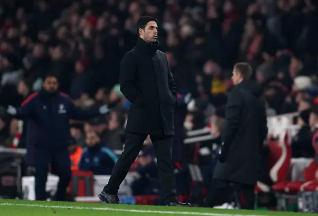 Mikel Arteta, Manager of Arsenal, reacts