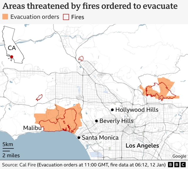 A map which shows where the four fires are in red, and where people are being ordered to evacuate in orange