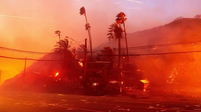 Strong winds can be seen spreading the fire in Los Angeles