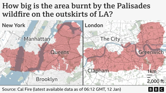 Graphic showing two maps with the title "How big is the area burnt by the Palisades wildfire on the outskirts of LA?" The left-hand map compared the size of the fire to Manhattan. The right side compares it to London.