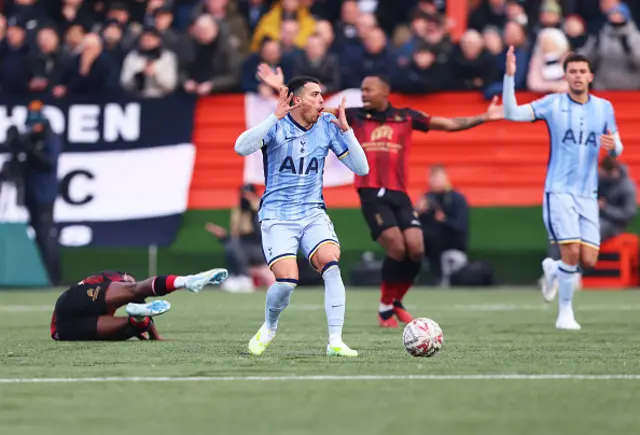 Pedro Porro of Tottenham Hotspur reacts