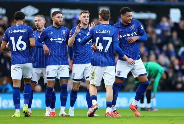 Ipswich players celebrate after going 2-0 up