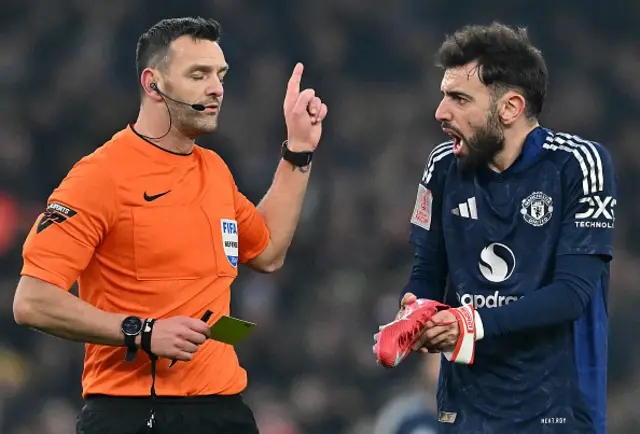 Bruno Fernandes remonstrates with Referee Andy Madley