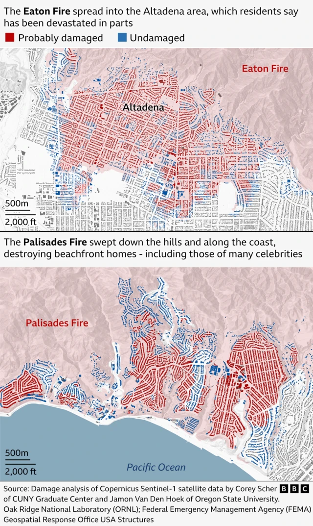 Two maps which show the damage done by the Palisades Fire and the Eaton Fire