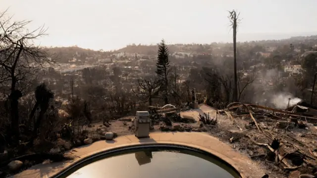 A view shows the backyard of a home destroyed by the Palisades Fire in the Pacific Palisades neighborhood