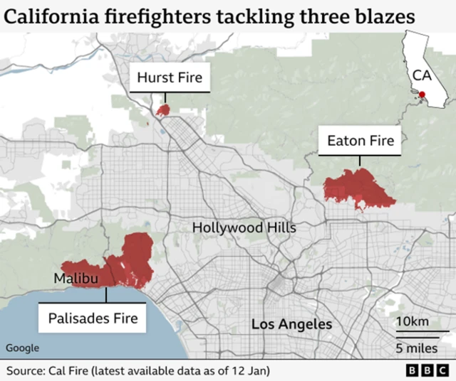 Graphic shows areas where fires are being tackled