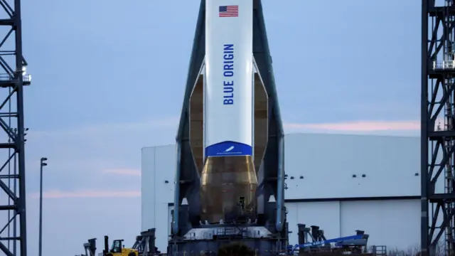 The New Glenn rocket with 'Blue Origin' on the side