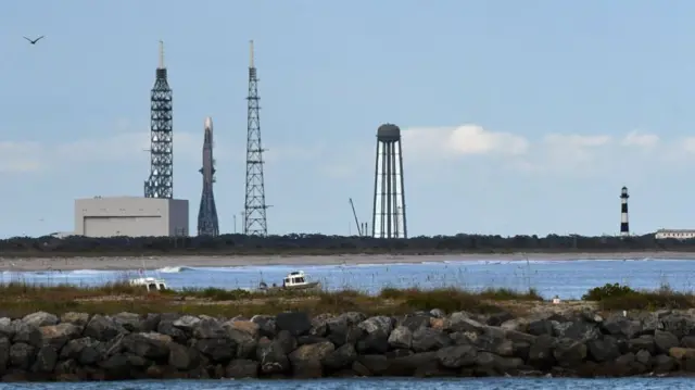 Blue Origin's New Glenn rocket stands at pad 36 at Cape Canaveral Space Force Station ahead of its maiden launch on January 11, 2025 in Cape Canaveral, Florida.