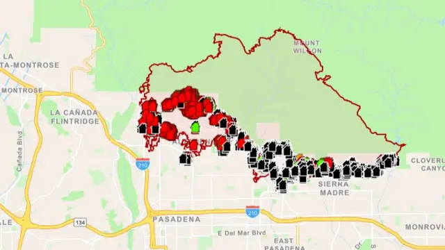 A map shows houses hit by fires near Pasadena