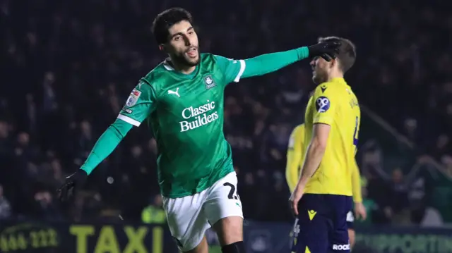 Rami Al Hajj celebrates his goal for Plymouth Argyle