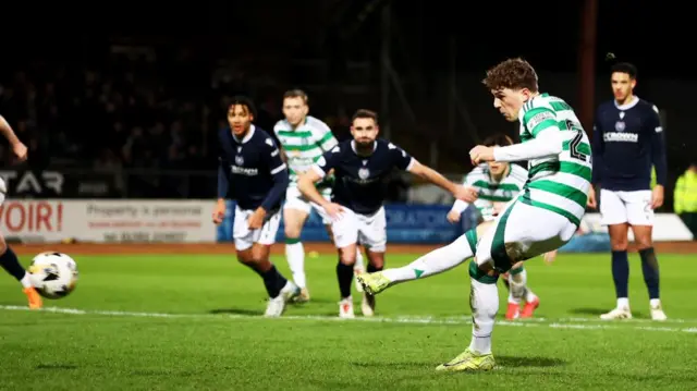 DUNDEE, SCOTLAND - JANUARY 14: Celtic's Arne Engels scores to make it 3-3 during a William Hill Premiership match between Dundee and Celtic at the Scot Foam Stadium at Dens Park, on January 14, 2025, in Dundee, Scotland. (Photo by Craig Williamson / SNS Group)