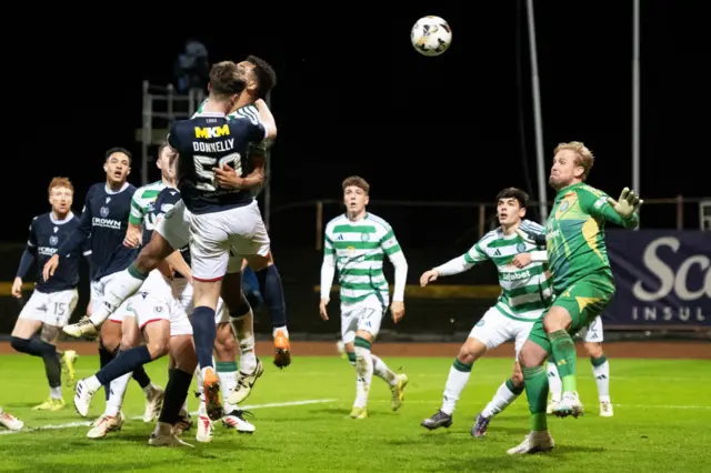 DUNDEE, SCOTLAND - JANUARY 14: Dundee's Aaron Donnelly scores to make it 3-2 during a William Hill Premiership match between Dundee and Celtic at the Scot Foam Stadium at Dens Park, on January 14, 2025, in Dundee, Scotland. (Photo by Paul Devlin / SNS Group)