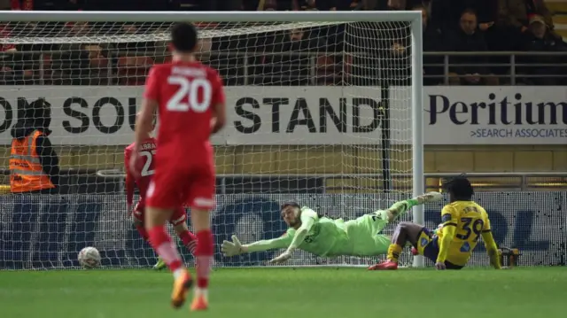 Dajaune Brown finishes past Leyton Orient goalkeeper Josh Keeley