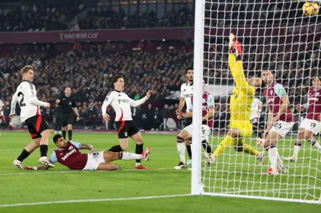 A shot from Harry Wilson of Fulham hits the crossbar