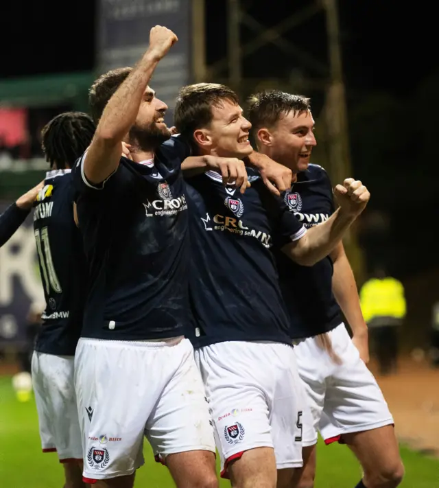 DUNDEE, SCOTLAND - JANUARY 14: Dundee's Aaron Donnelly celebrates after scoring to make it 3-2 during a William Hill Premiership match between Dundee and Celtic at the Scot Foam Stadium at Dens Park, on January 14, 2025, in Dundee, Scotland. (Photo by Paul Devlin / SNS Group)