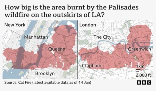 Graphic showing what the fire would look like in size if it were in London or New York