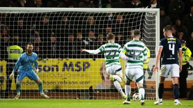 DUNDEE, SCOTLAND - JANUARY 14: Celtic's Arne Engels scores to make it 3-3  during a William Hill Premiership match between Dundee and Celtic at the Scot Foam Stadium at Dens Park, on January 14, 2025, in Dundee, Scotland. (Photo by Paul Devlin / SNS Group)