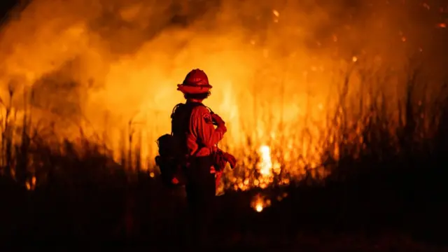 A lone firefighter stands at the centre of the picture observing a fire burning through a field. Embers are flying in the air