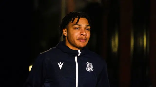 DUNDEE, SCOTLAND - JANUARY 14: Dundee’s Oluwaseun Adewumi arrives during a William Hill Premiership match between Dundee and Celtic at the Scot Foam Stadium at Dens Park, on January 14, 2025, in Dundee, Scotland. (Photo by Craig Foy / SNS Group)