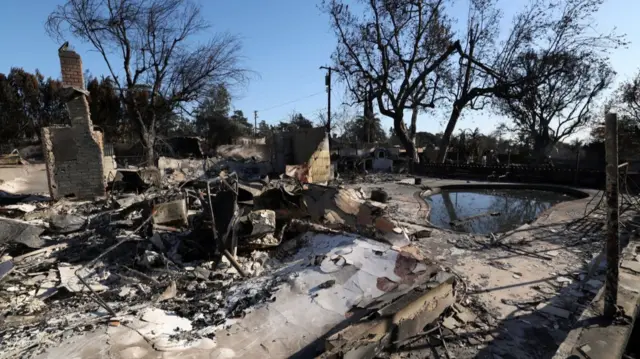 Remains of a home destroyed by the Eaton Fire in Altadena. What remains of a chimney is visible to the far left of the image, while a dirty pool is to the right. The blue sky is in the background with several trees