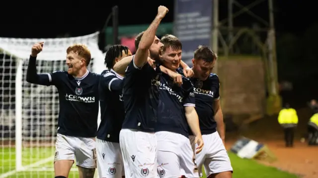 DUNDEE, SCOTLAND - JANUARY 14: Dundee's Aaron Donnelly celebrates after scoring to make it 3-2 during a William Hill Premiership match between Dundee and Celtic at the Scot Foam Stadium at Dens Park, on January 14, 2025, in Dundee, Scotland. (Photo by Paul Devlin / SNS Group)